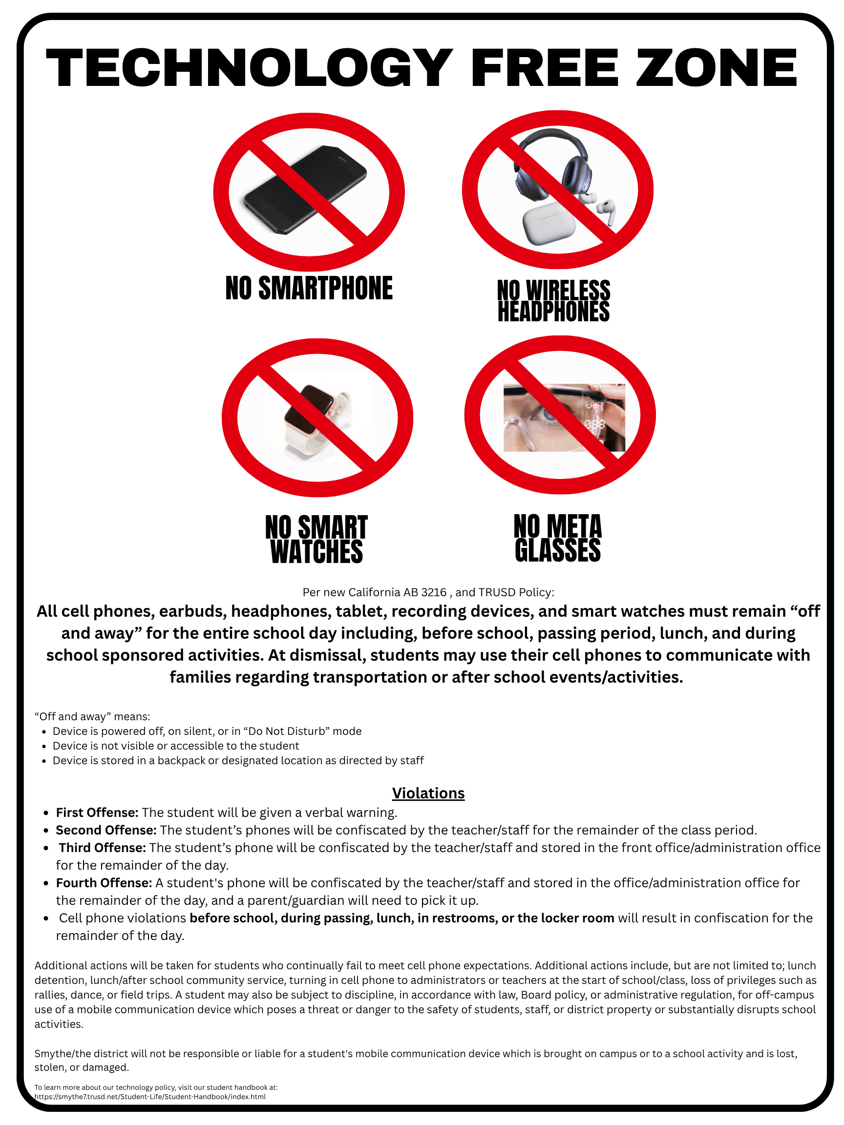 technology free zone flyer with all the descriptions of no phone, no head phones, no mata glasses, and the violations